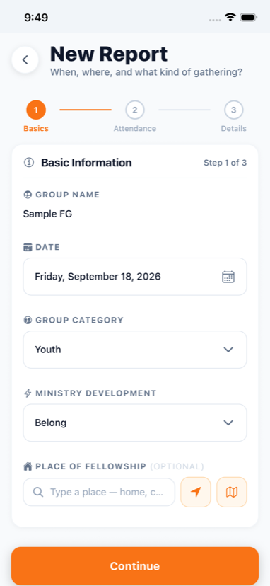 Add Report screen for a weekly fellowship gathering