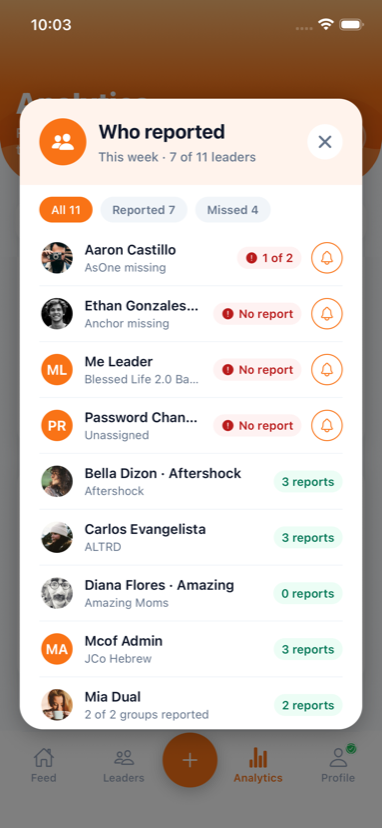 Analytics view showing which leaders reported this week